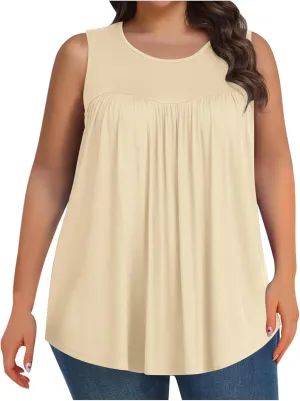Plus Size Tank Tops Women Casual Summer Sleeveless Tee Round-Neck Pleated T Shirt Loose Flowy Shirts Blouses Tee L-5XL