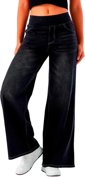 Pull On Jeans for Women Stretch Wide Leg Tummy Control Elastic High Waisted Loose Casual Denim Pants with Pockets