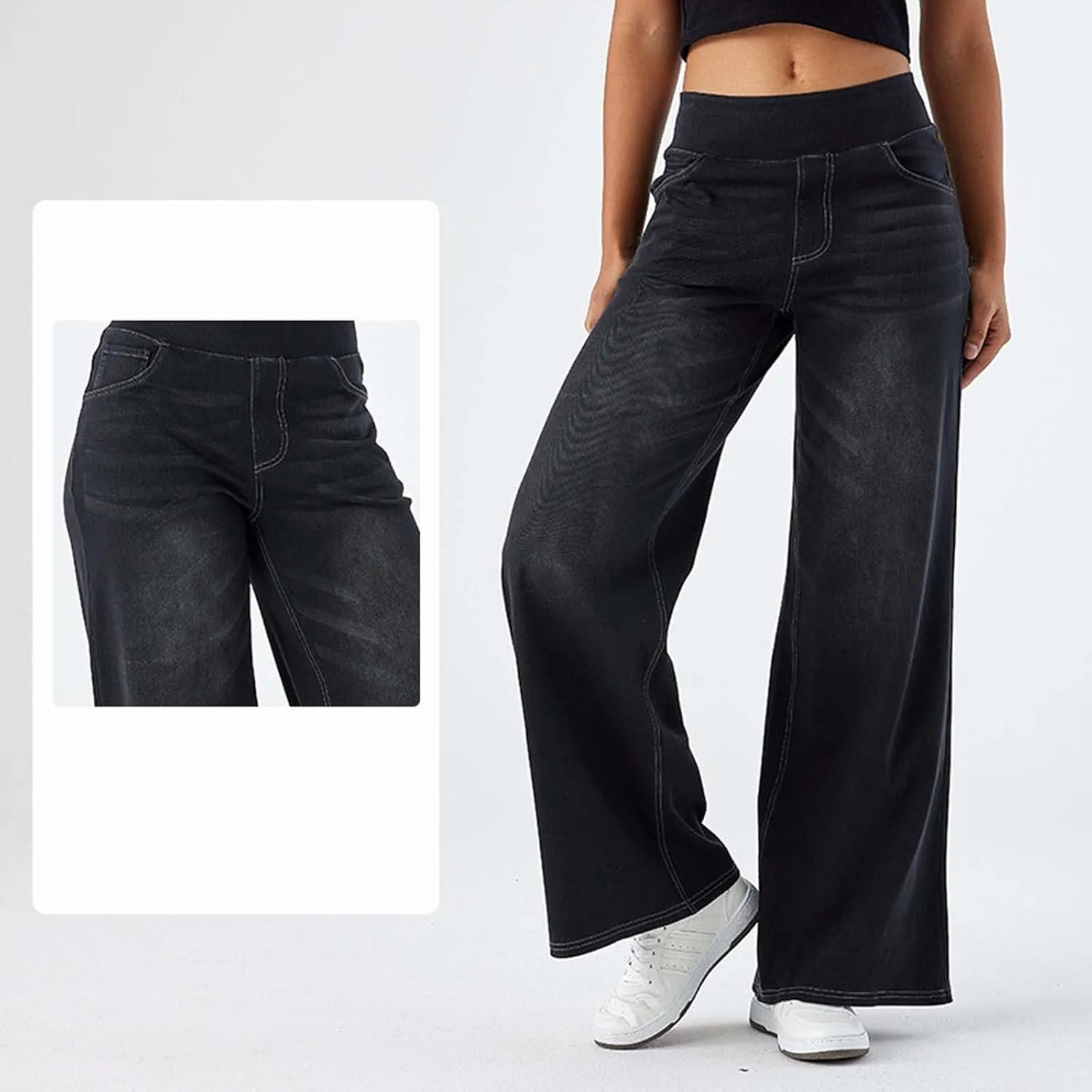 Pull On Jeans for Women Stretch Wide Leg Tummy Control Elastic High Waisted Loose Casual Denim Pants with Pockets