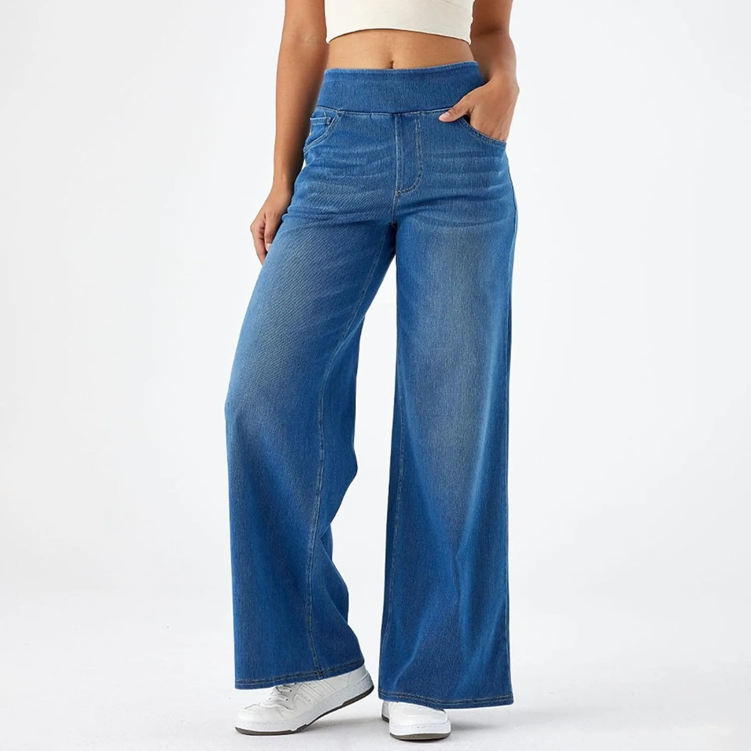Pull On Jeans for Women Stretch Wide Leg Tummy Control Elastic High Waisted Loose Casual Denim Pants with Pockets