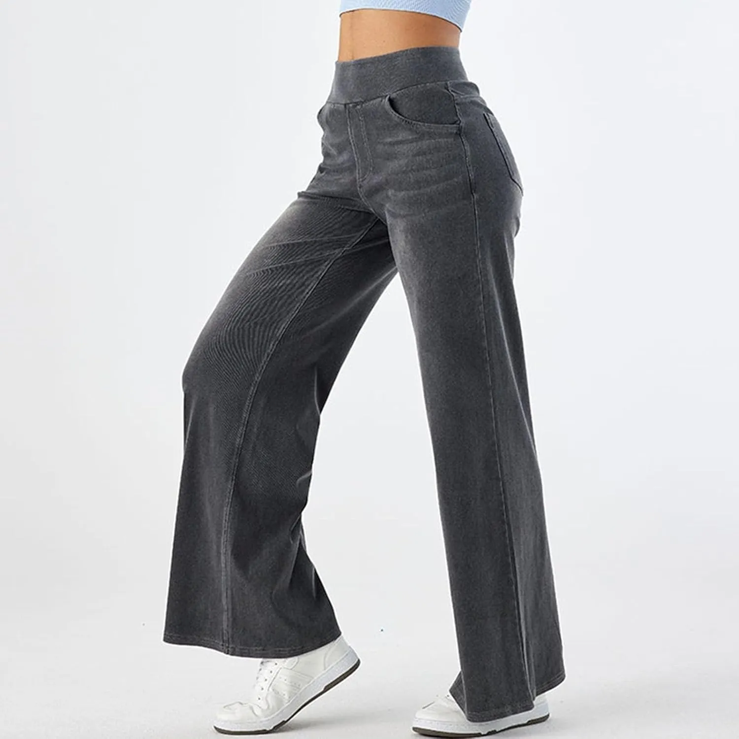 Pull On Jeans for Women Stretch Wide Leg Tummy Control Elastic High Waisted Loose Casual Denim Pants with Pockets