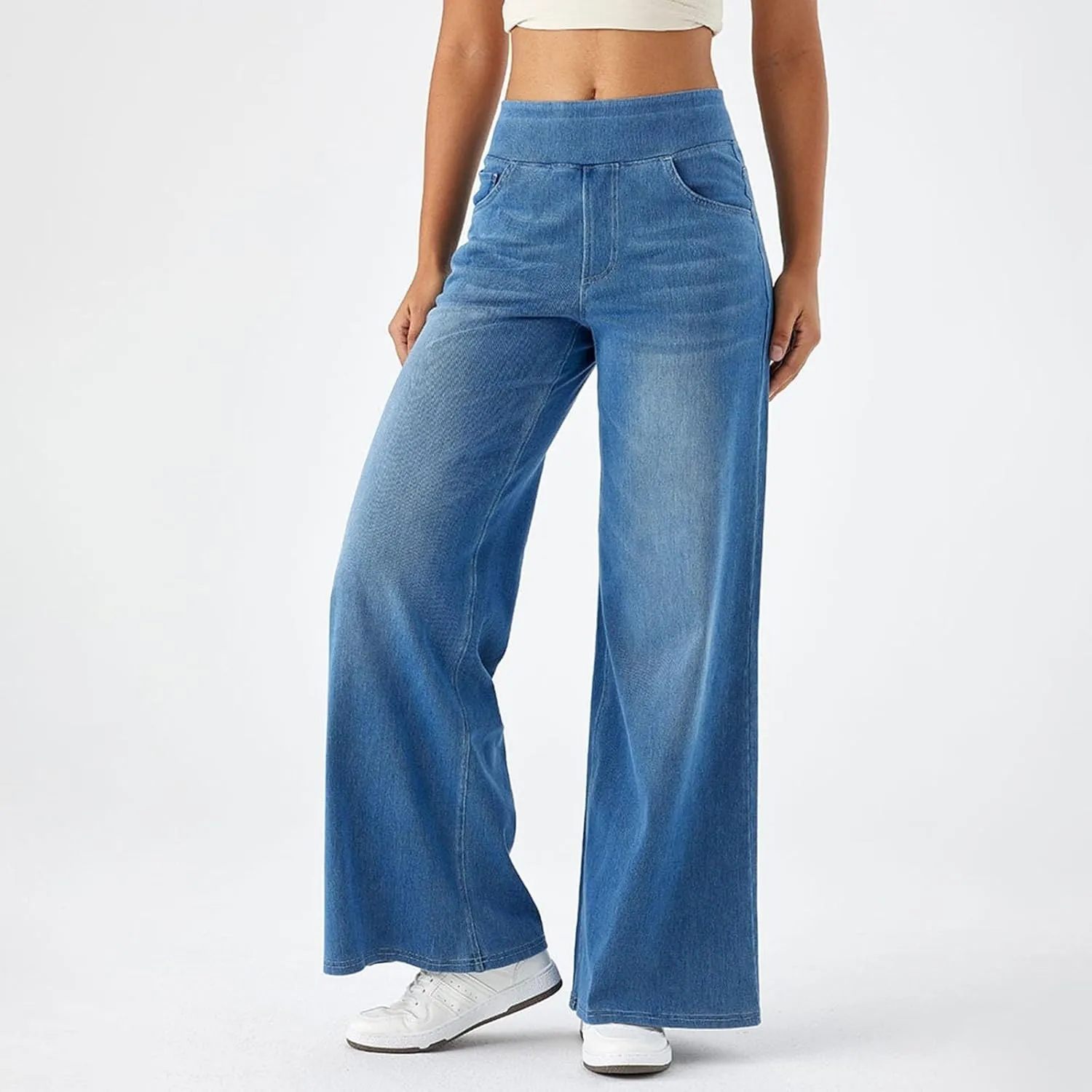 Pull On Jeans for Women Stretch Wide Leg Tummy Control Elastic High Waisted Loose Casual Denim Pants with Pockets