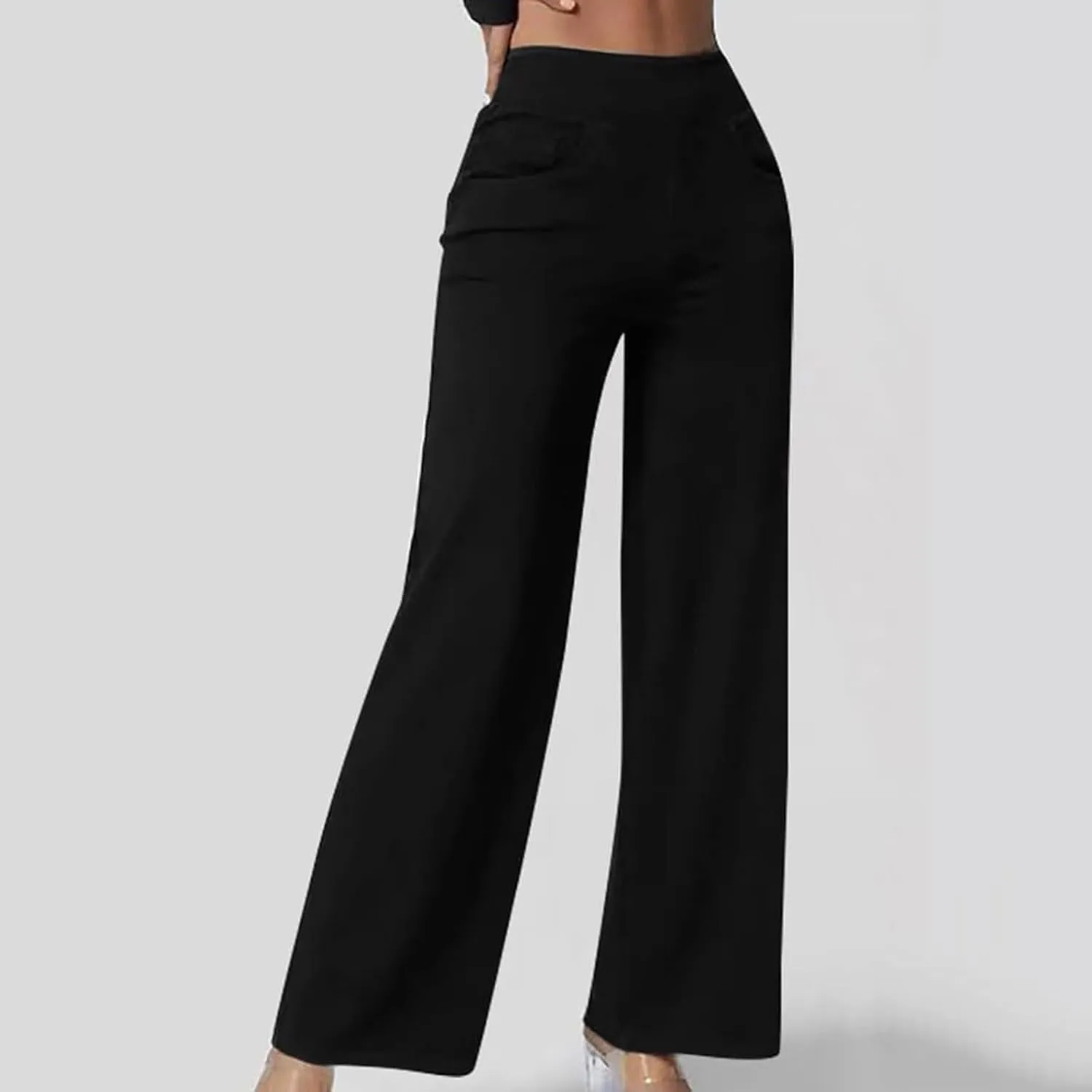 Pull On Jeans for Women Stretch Wide Leg Tummy Control Elastic High Waisted Loose Casual Denim Pants with Pockets