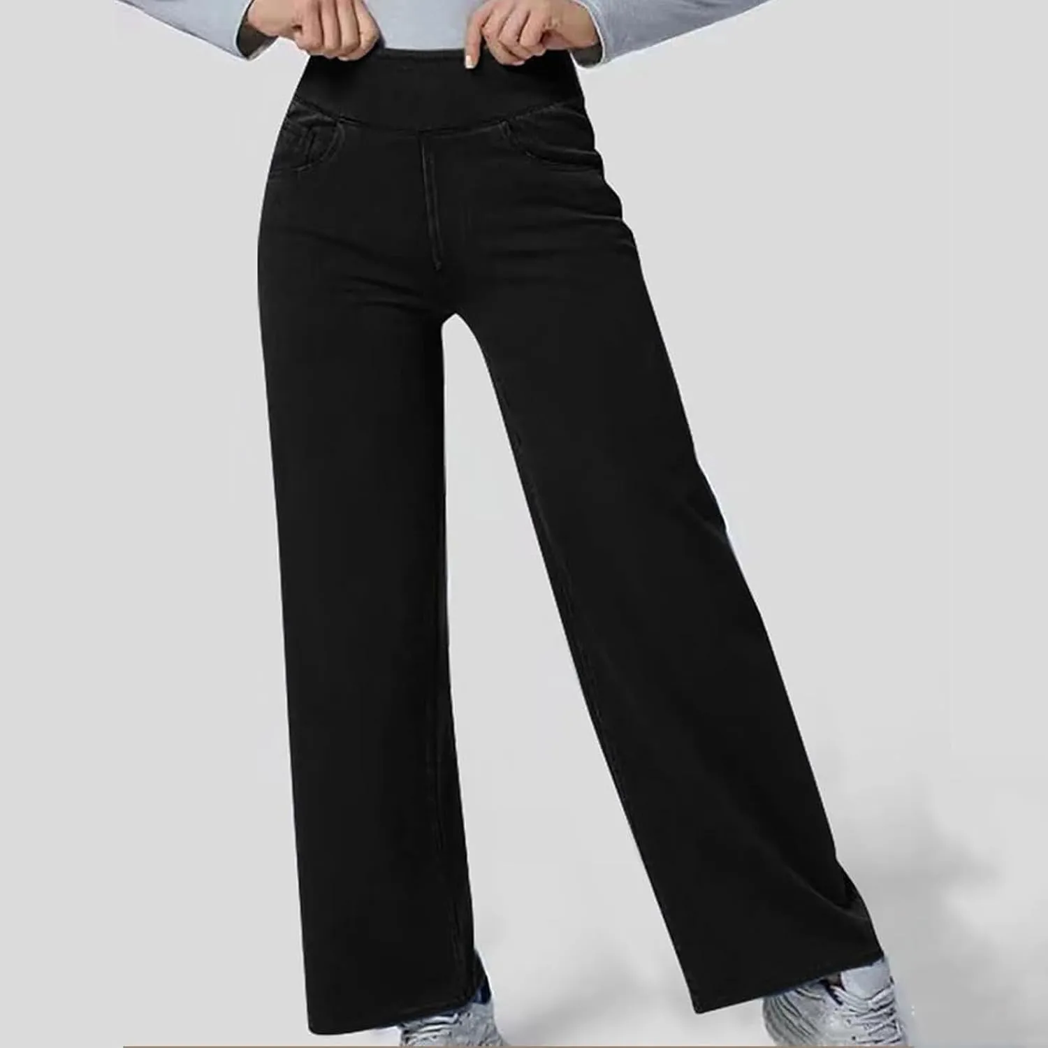 Pull On Jeans for Women Stretch Wide Leg Tummy Control Elastic High Waisted Loose Casual Denim Pants with Pockets