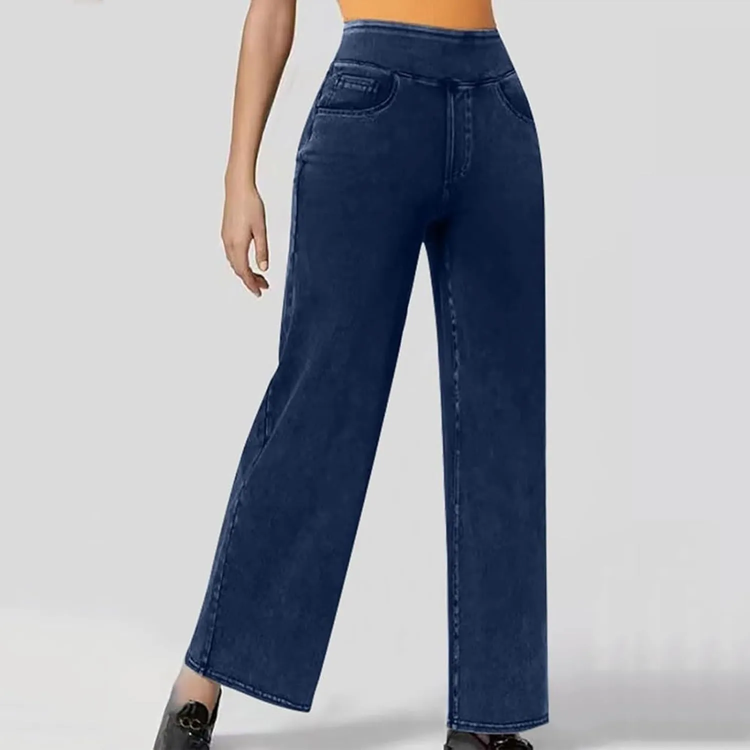 Pull On Jeans for Women Stretch Wide Leg Tummy Control Elastic High Waisted Loose Casual Denim Pants with Pockets