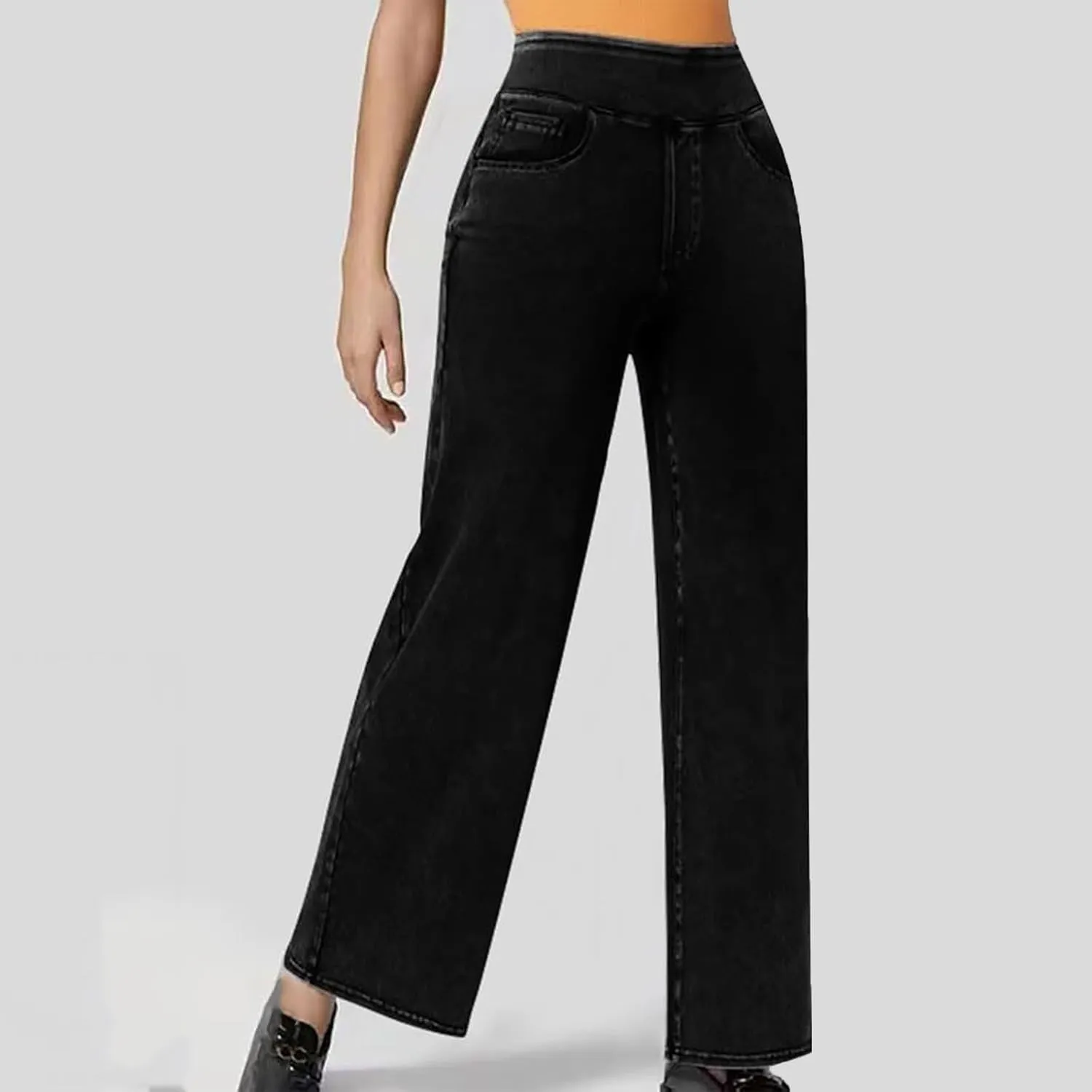Pull On Jeans for Women Stretch Wide Leg Tummy Control Elastic High Waisted Loose Casual Denim Pants with Pockets