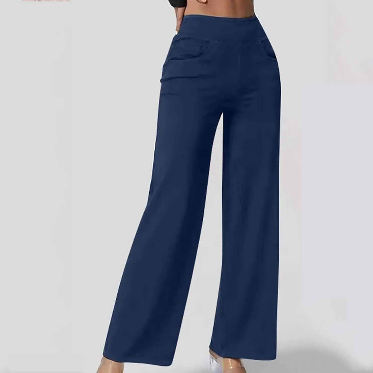 Pull On Jeans for Women Stretch Wide Leg Tummy Control Elastic High Waisted Loose Casual Denim Pants with Pockets