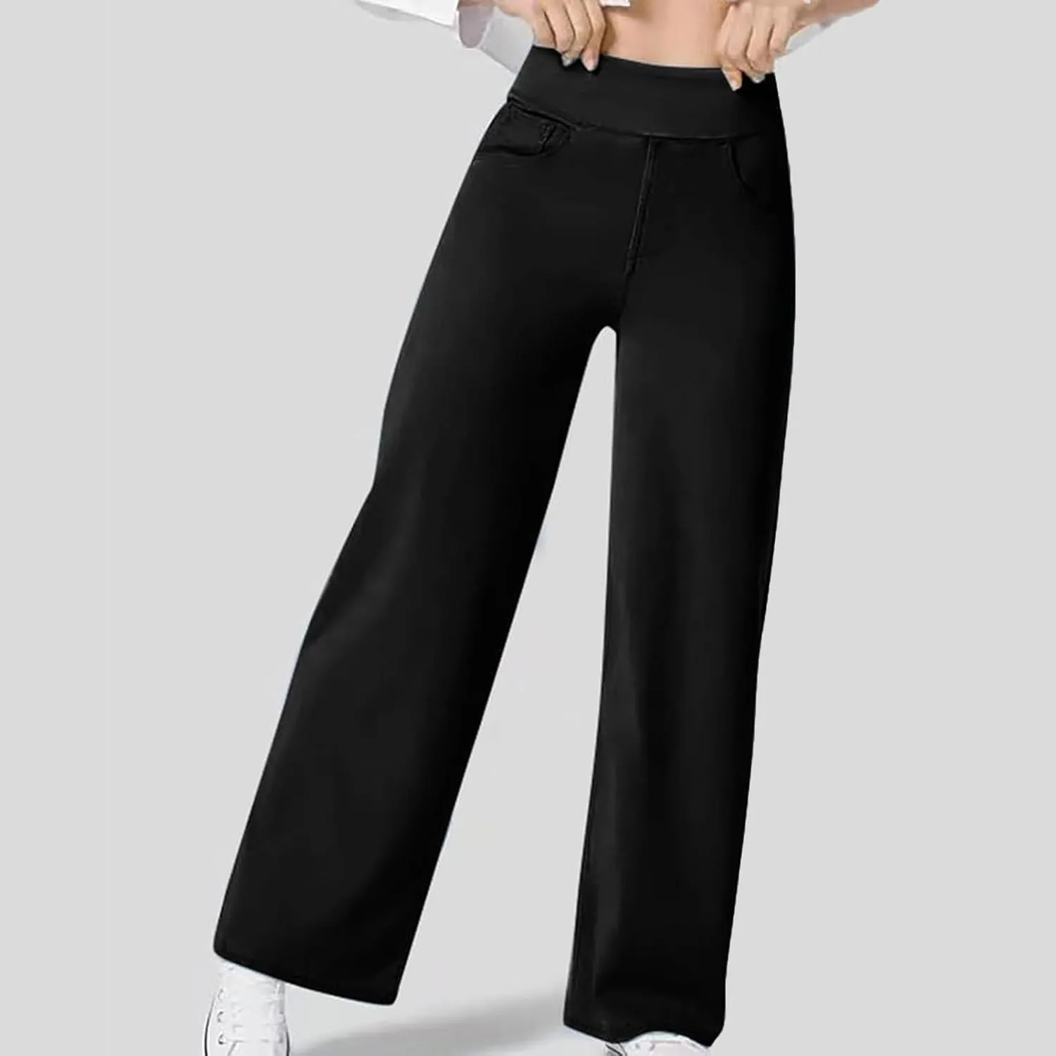 Pull On Jeans for Women Stretch Wide Leg Tummy Control Elastic High Waisted Loose Casual Denim Pants with Pockets
