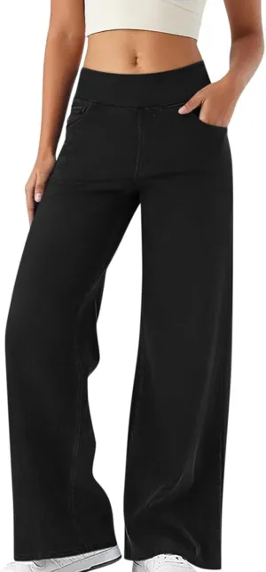 Pull On Jeans for Women Stretch Wide Leg Tummy Control Elastic High Waisted Loose Casual Denim Pants with Pockets