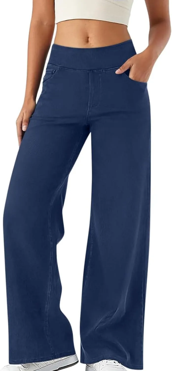 Pull On Jeans for Women Stretch Wide Leg Tummy Control Elastic High Waisted Loose Casual Denim Pants with Pockets
