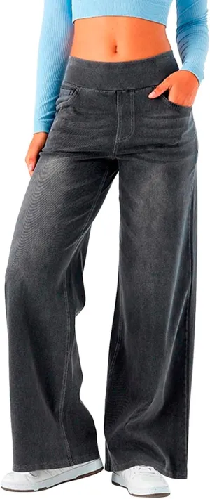 Pull On Jeans for Women Stretch Wide Leg Tummy Control Elastic High Waisted Loose Casual Denim Pants with Pockets