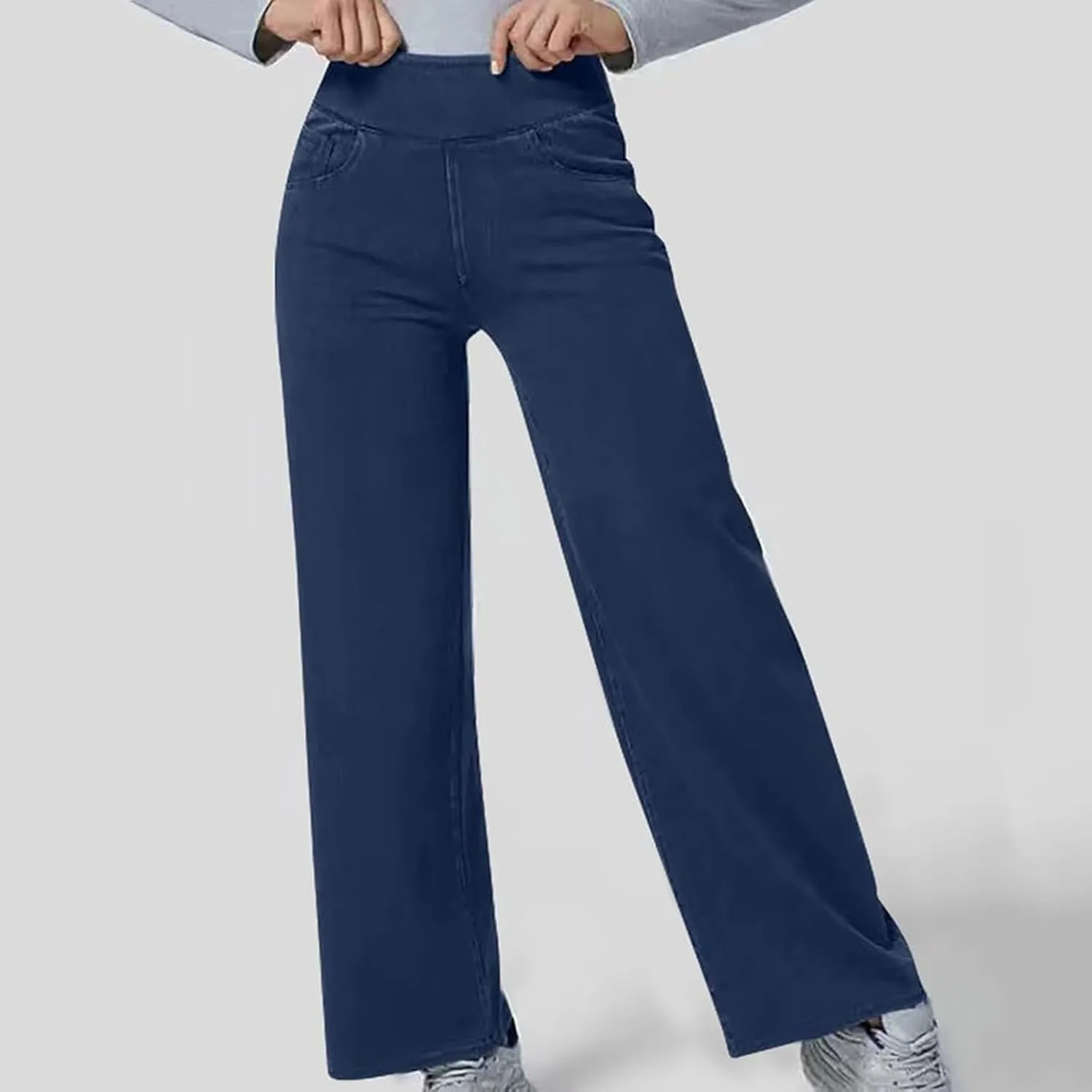 Pull On Jeans for Women Stretch Wide Leg Tummy Control Elastic High Waisted Loose Casual Denim Pants with Pockets