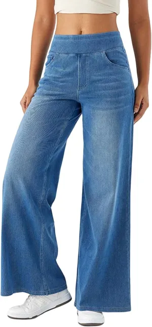 Pull On Jeans for Women Stretch Wide Leg Tummy Control Elastic High Waisted Loose Casual Denim Pants with Pockets