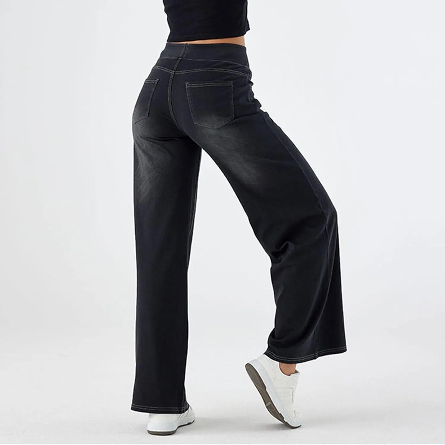 Pull On Jeans for Women Stretch Wide Leg Tummy Control Elastic High Waisted Loose Casual Denim Pants with Pockets