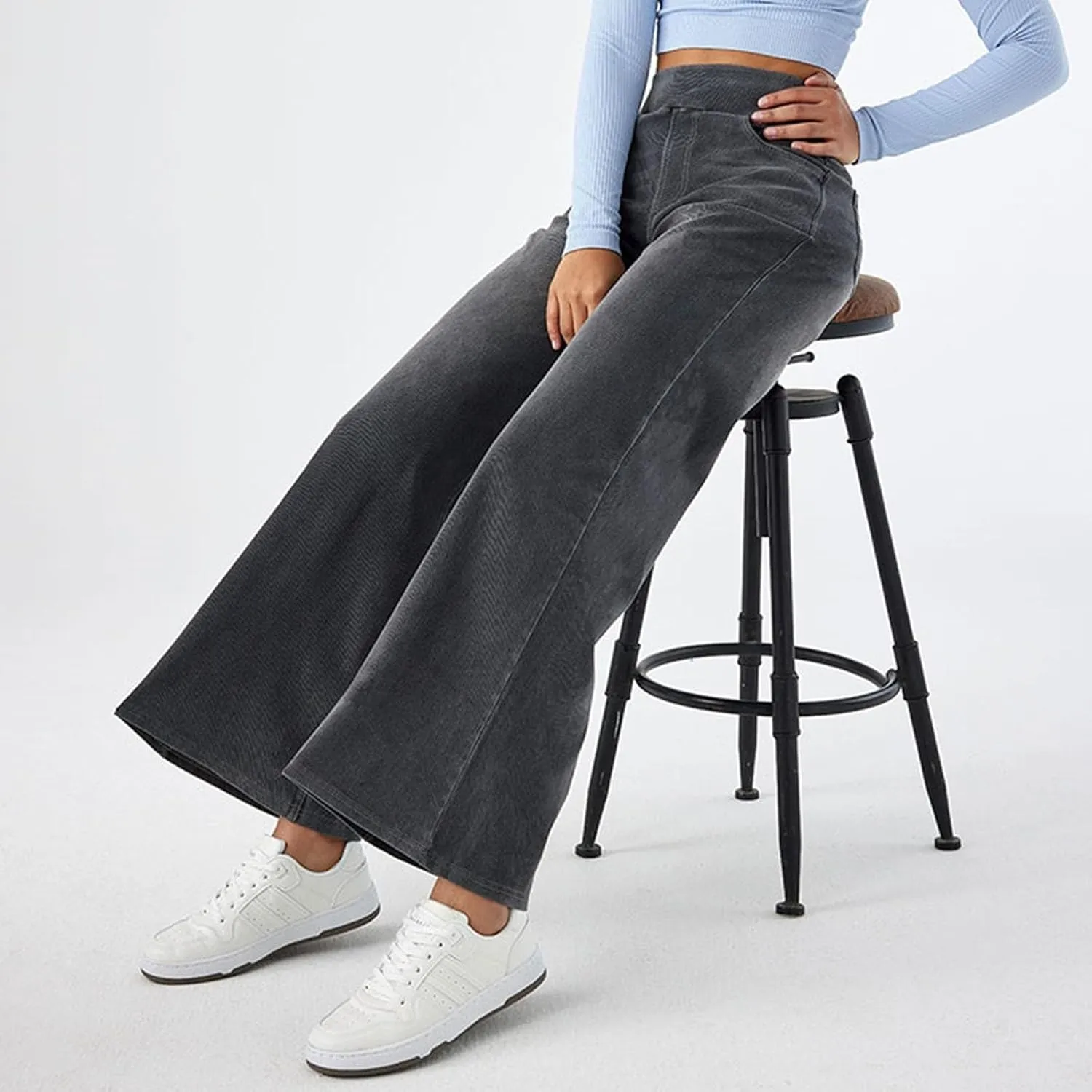 Pull On Jeans for Women Stretch Wide Leg Tummy Control Elastic High Waisted Loose Casual Denim Pants with Pockets