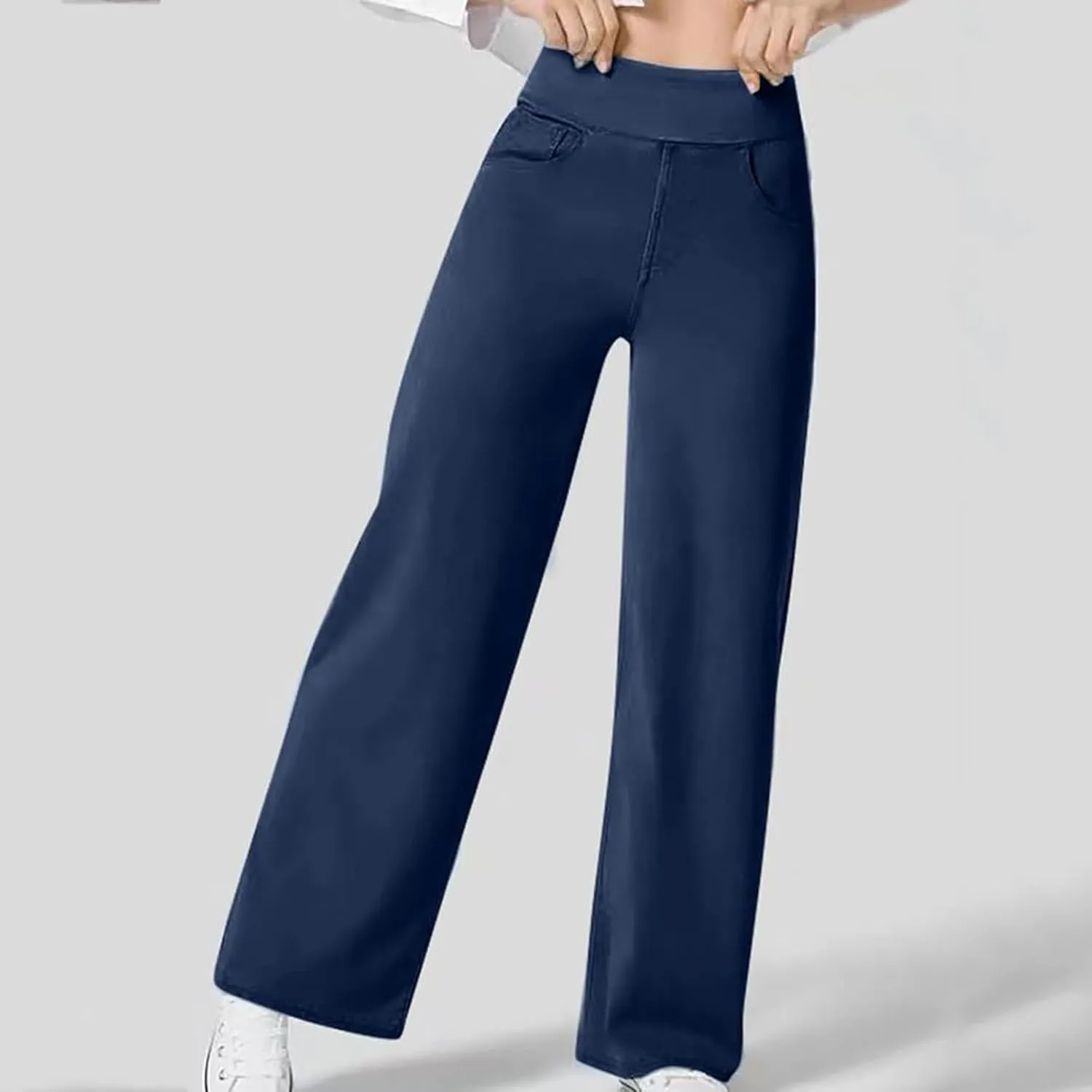 Pull On Jeans for Women Stretch Wide Leg Tummy Control Elastic High Waisted Loose Casual Denim Pants with Pockets