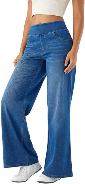 Pull On Jeans for Women Stretch Wide Leg Tummy Control Elastic High Waisted Loose Casual Denim Pants with Pockets