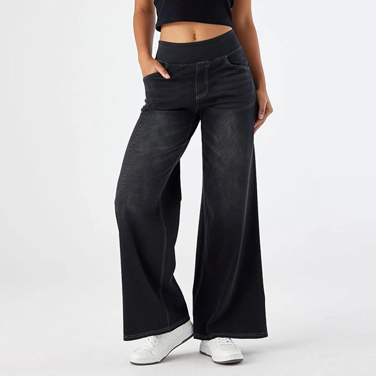 Pull On Jeans for Women Stretch Wide Leg Tummy Control Elastic High Waisted Loose Casual Denim Pants with Pockets