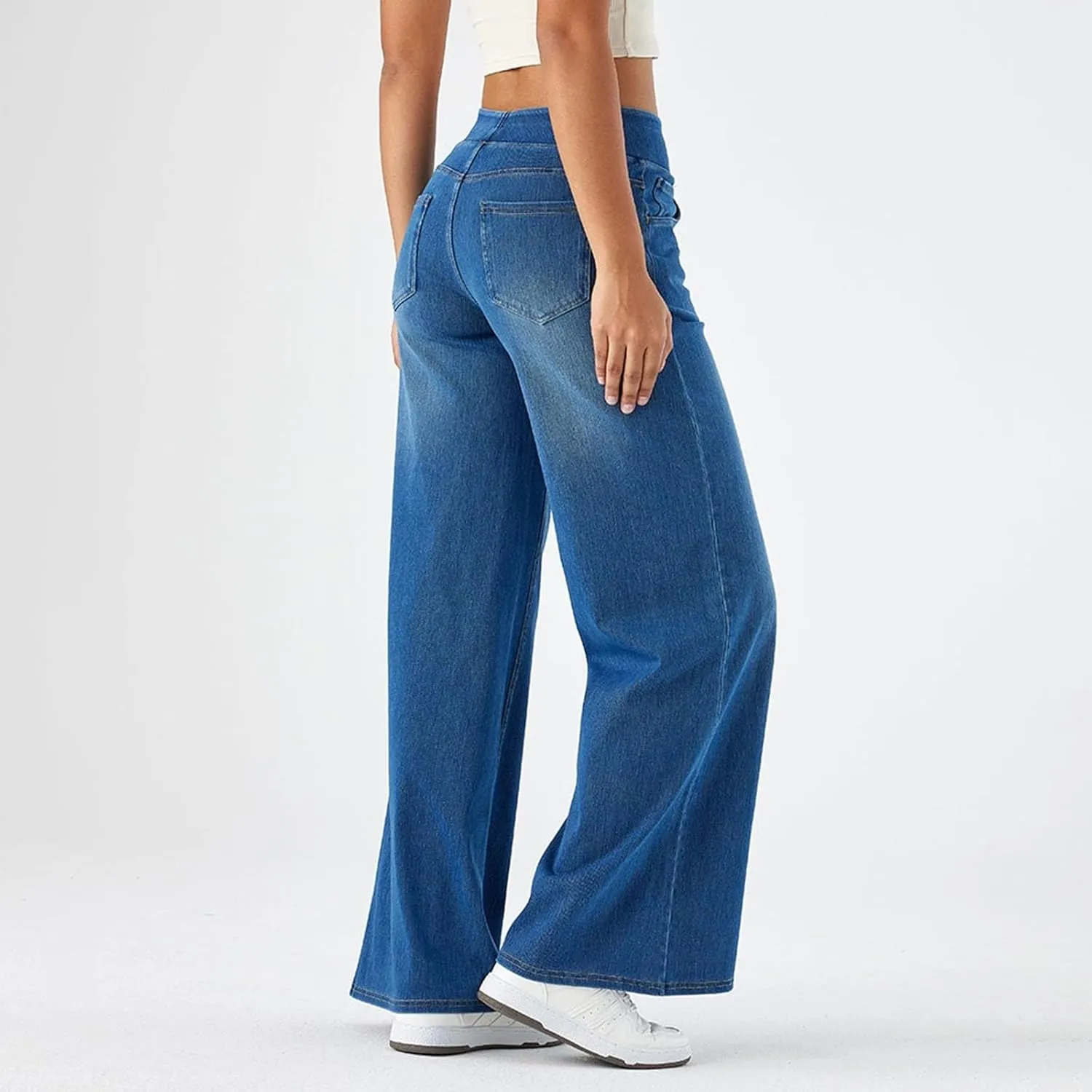 Pull On Jeans for Women Stretch Wide Leg Tummy Control Elastic High Waisted Loose Casual Denim Pants with Pockets