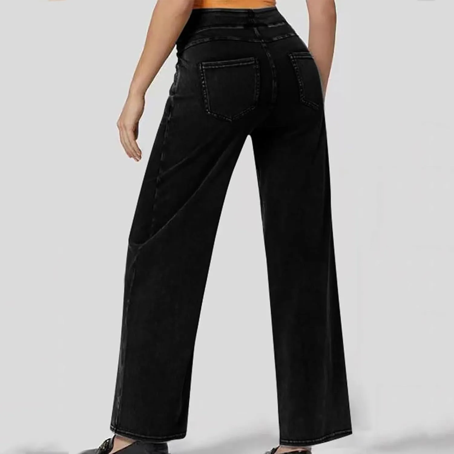 Pull On Jeans for Women Stretch Wide Leg Tummy Control Elastic High Waisted Loose Casual Denim Pants with Pockets