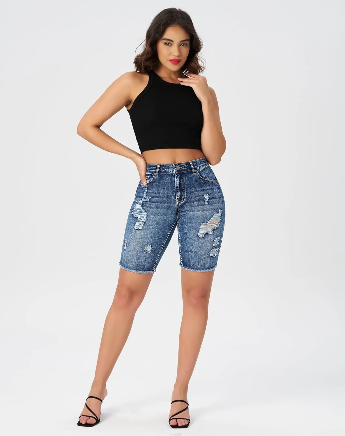 roswear Women's High Waisted Distressed Denim Bermuda Shorts Stretchy Frayed Hem Casual Jean Shorts