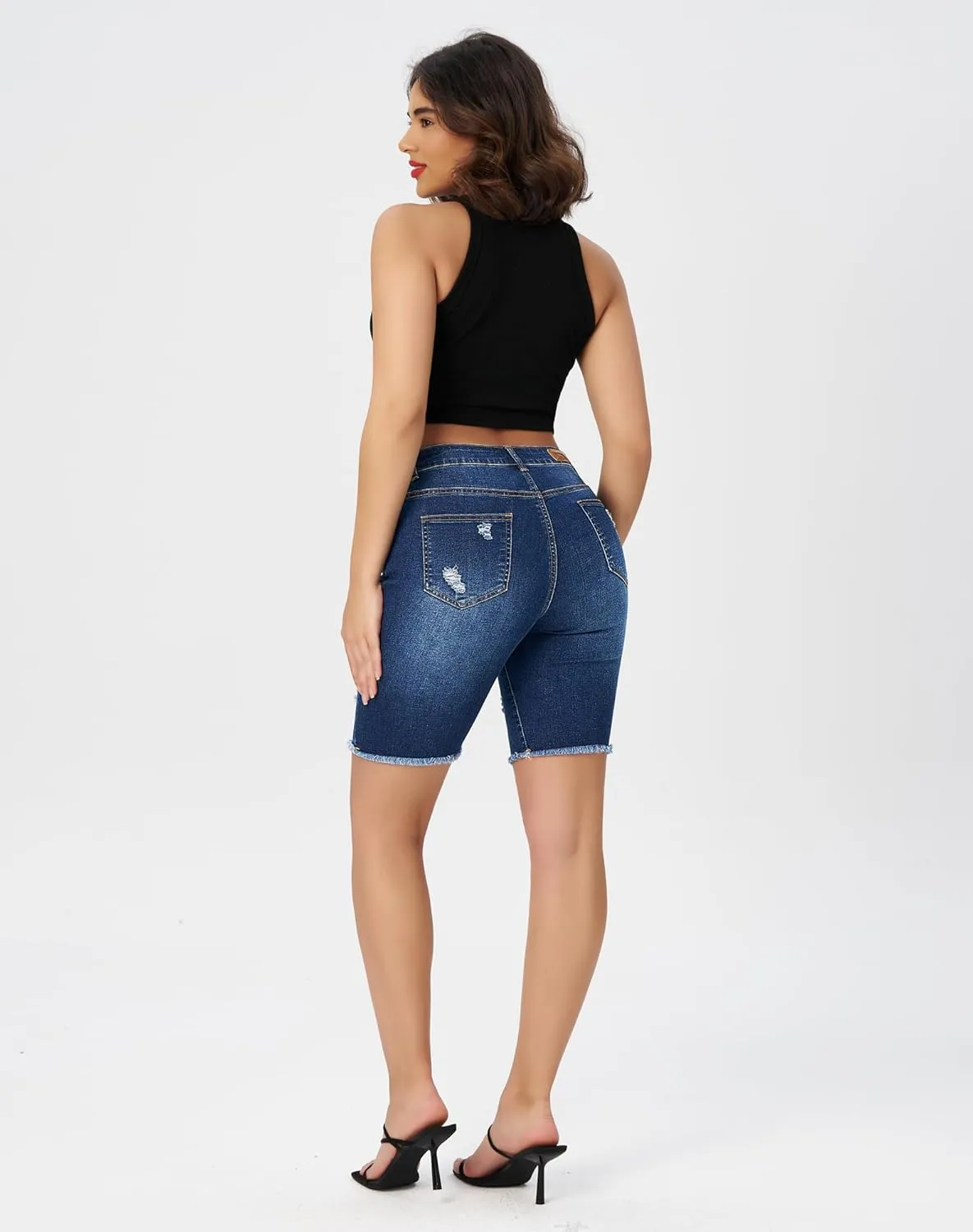 roswear Women's High Waisted Distressed Denim Bermuda Shorts Stretchy Frayed Hem Casual Jean Shorts
