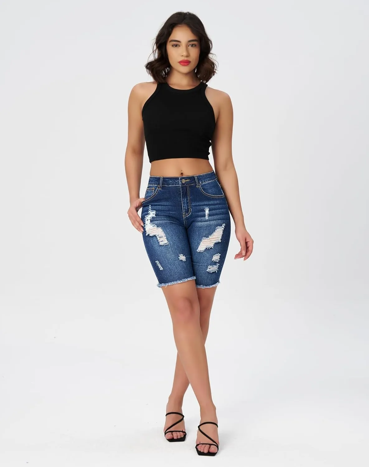 roswear Women's High Waisted Distressed Denim Bermuda Shorts Stretchy Frayed Hem Casual Jean Shorts