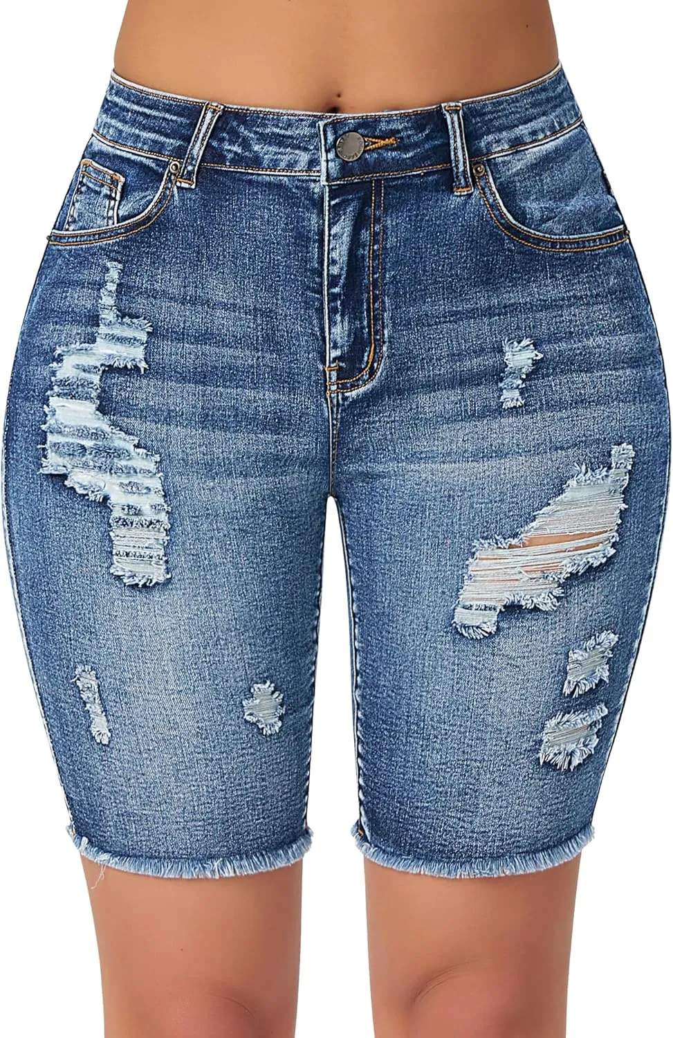 roswear Women's High Waisted Distressed Denim Bermuda Shorts Stretchy Frayed Hem Casual Jean Shorts
