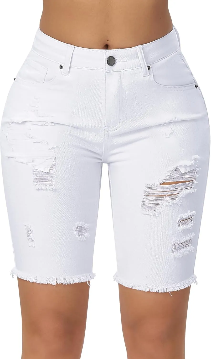 roswear Women's High Waisted Distressed Denim Bermuda Shorts Stretchy Frayed Hem Casual Jean Shorts