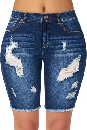 roswear Women's High Waisted Distressed Denim Bermuda Shorts Stretchy Frayed Hem Casual Jean Shorts
