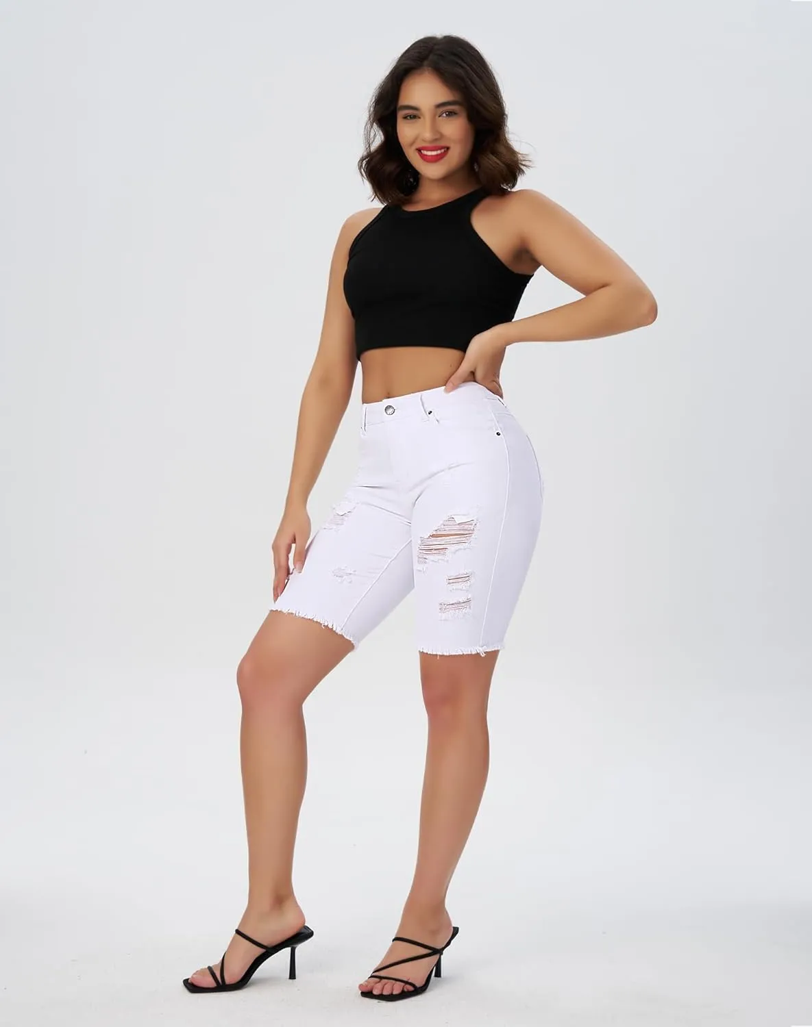 roswear Women's High Waisted Distressed Denim Bermuda Shorts Stretchy Frayed Hem Casual Jean Shorts