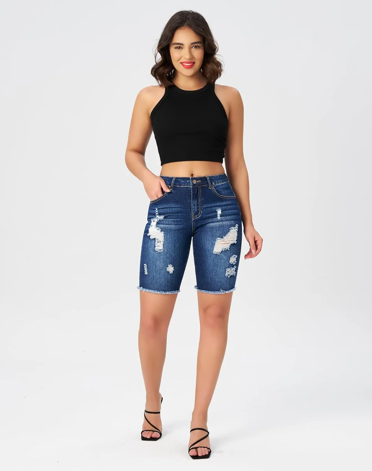 roswear Women's High Waisted Distressed Denim Bermuda Shorts Stretchy Frayed Hem Casual Jean Shorts