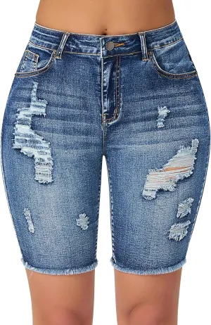 roswear Women's High Waisted Distressed Denim Bermuda Shorts Stretchy Frayed Hem Casual Jean Shorts