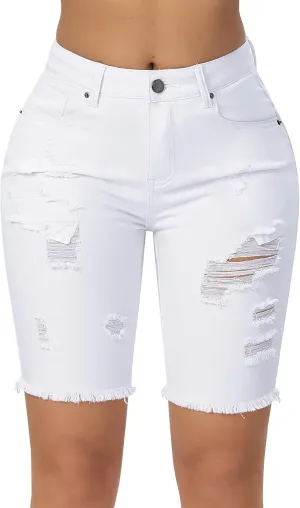 roswear Women's High Waisted Distressed Denim Bermuda Shorts Stretchy Frayed Hem Casual Jean Shorts
