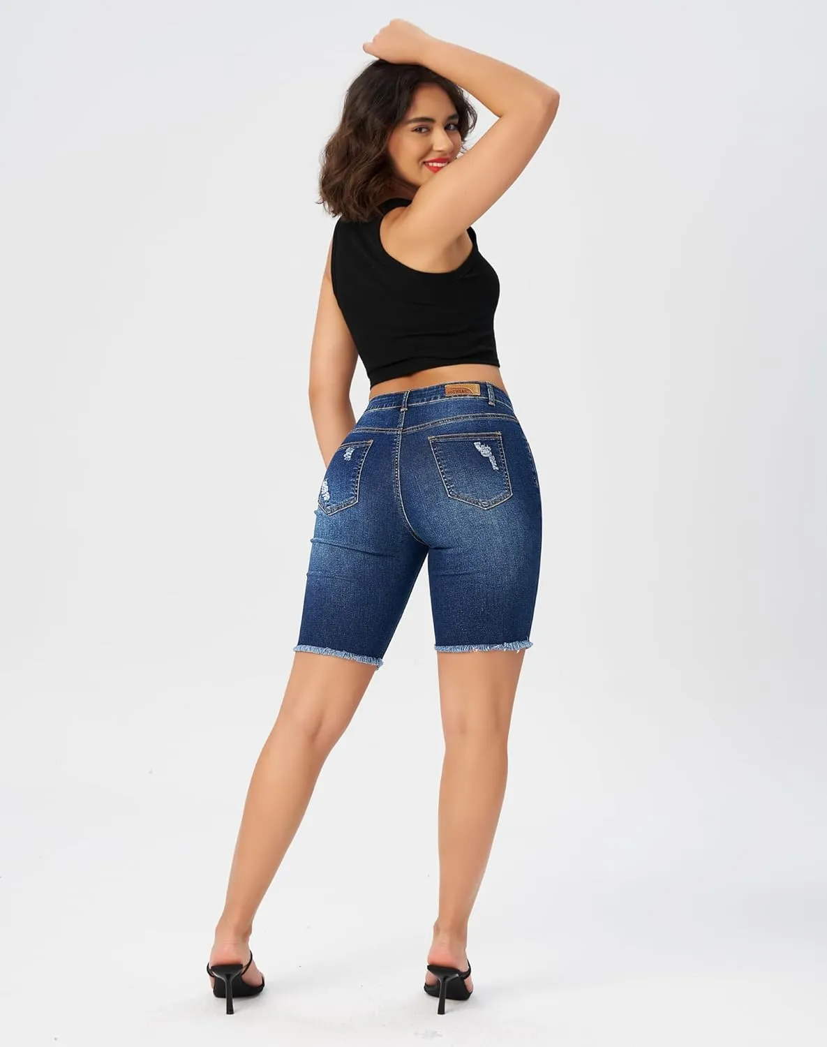 roswear Women's High Waisted Distressed Denim Bermuda Shorts Stretchy Frayed Hem Casual Jean Shorts
