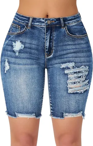 roswear Women's High Waisted Stretchy Denim Bermuda Shorts Ripped Casual Summer Jean Shorts