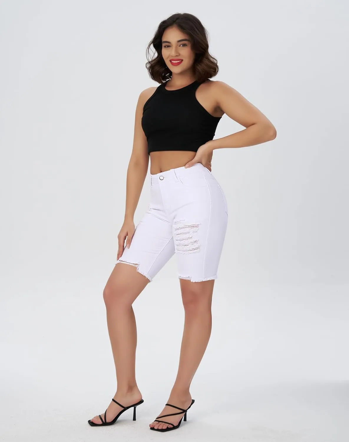 roswear Women's High Waisted Stretchy Denim Bermuda Shorts Ripped Casual Summer Jean Shorts