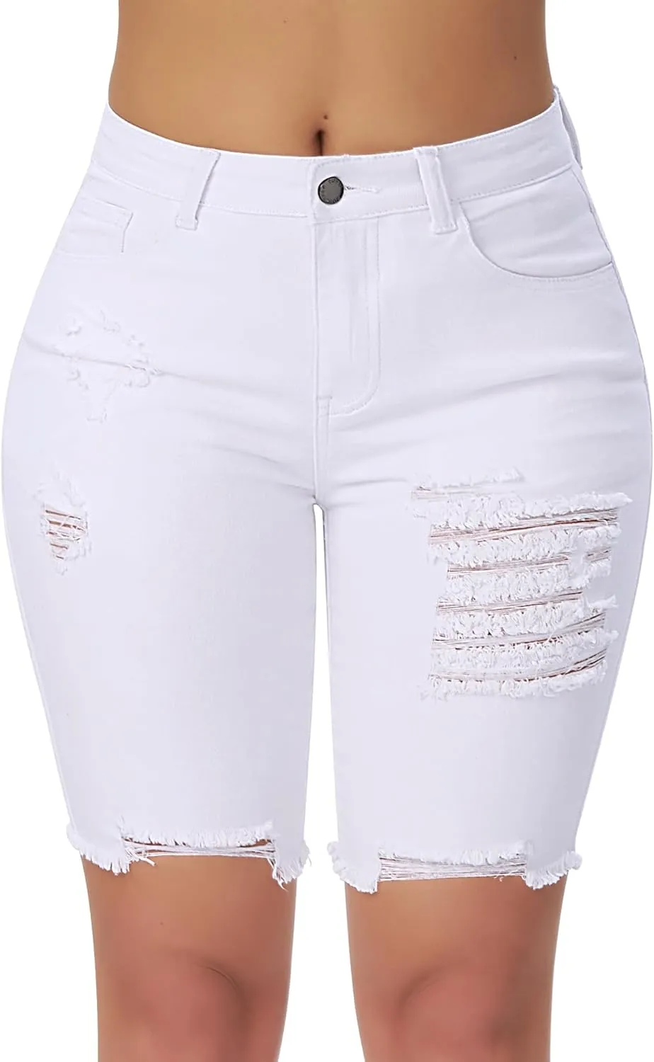 roswear Women's High Waisted Stretchy Denim Bermuda Shorts Ripped Casual Summer Jean Shorts