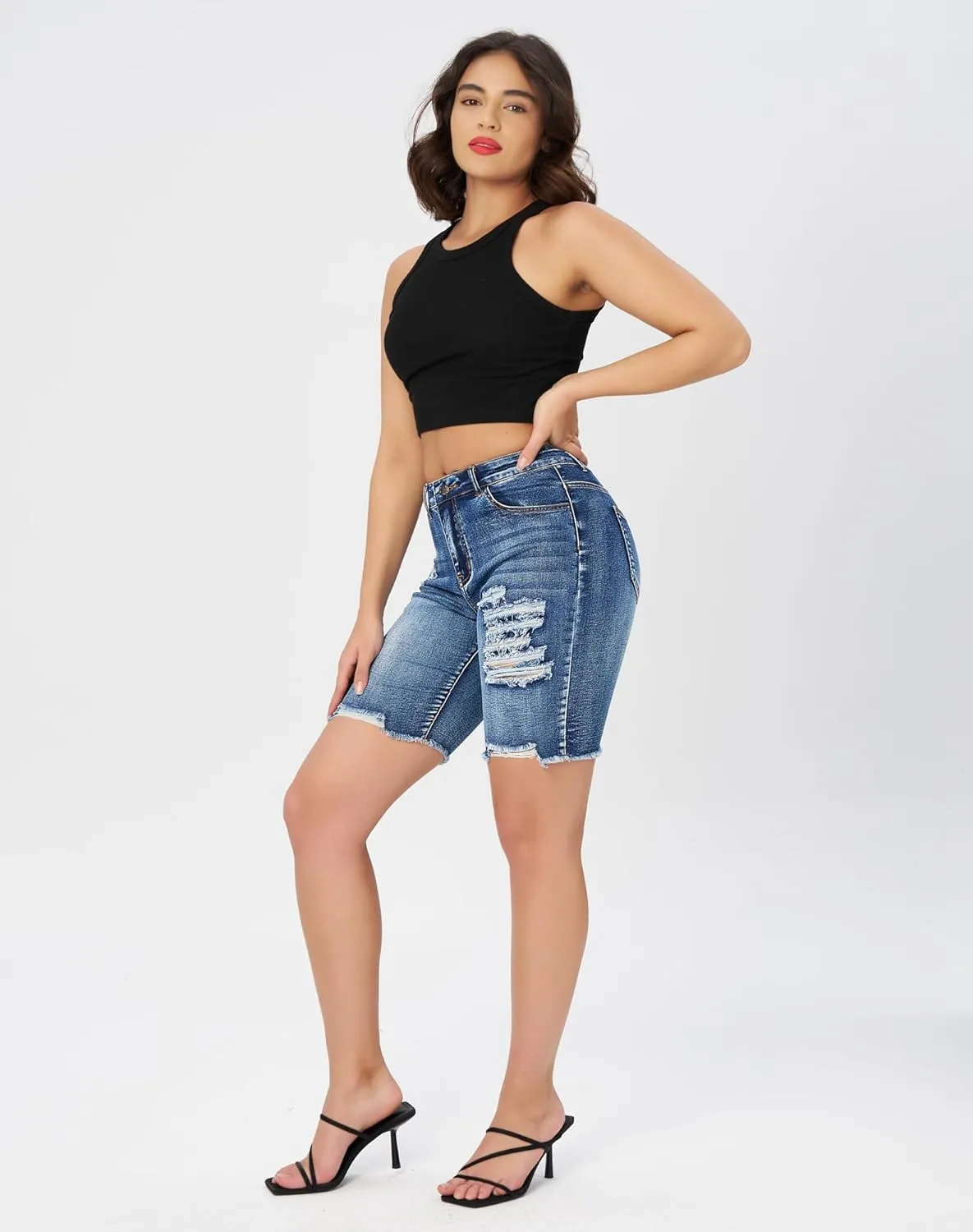 roswear Women's High Waisted Stretchy Denim Bermuda Shorts Ripped Casual Summer Jean Shorts