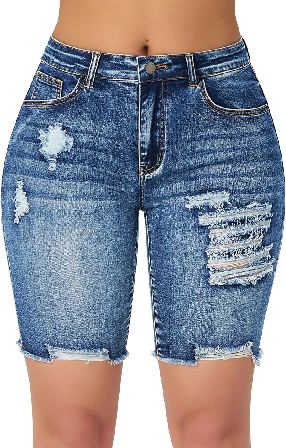 roswear Women's High Waisted Stretchy Denim Bermuda Shorts Ripped Casual Summer Jean Shorts