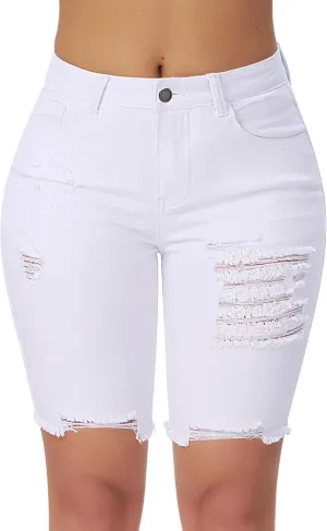 roswear Women's High Waisted Stretchy Denim Bermuda Shorts Ripped Casual Summer Jean Shorts