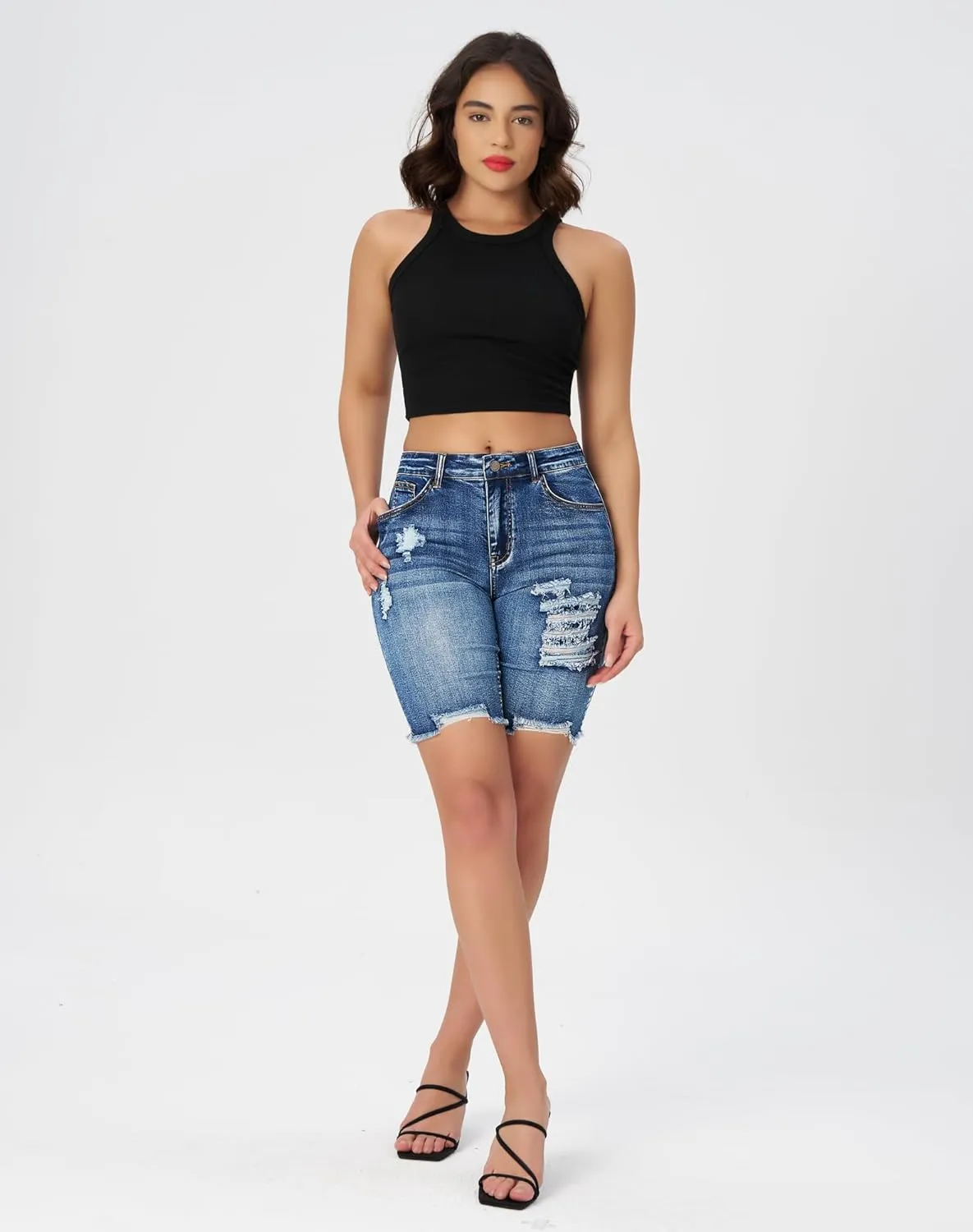 roswear Women's High Waisted Stretchy Denim Bermuda Shorts Ripped Casual Summer Jean Shorts