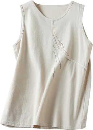 Ruziyoog Cotton Linen Tank Tops for Women Round Neck Sleeveless Summer Blouse Casual Loose Solid Color Tee Shirts