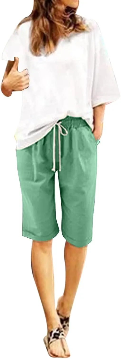 sdbrld Womens Shorts for Summer Knee-Length Casual Bermuda Shorts Walking Hiking Shorts Women with Elastic Waist Drawstring