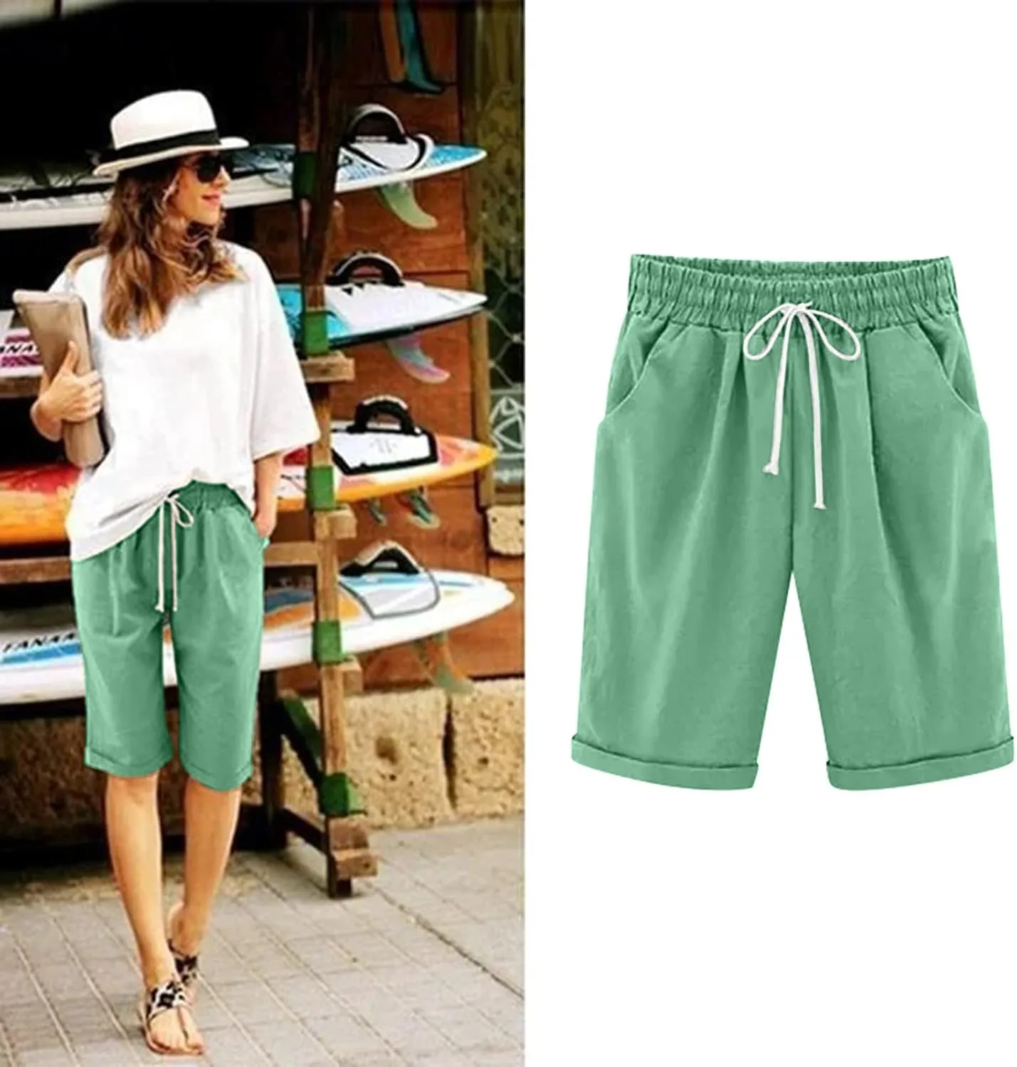 sdbrld Womens Shorts for Summer Knee-Length Casual Bermuda Shorts Walking Hiking Shorts Women with Elastic Waist Drawstring