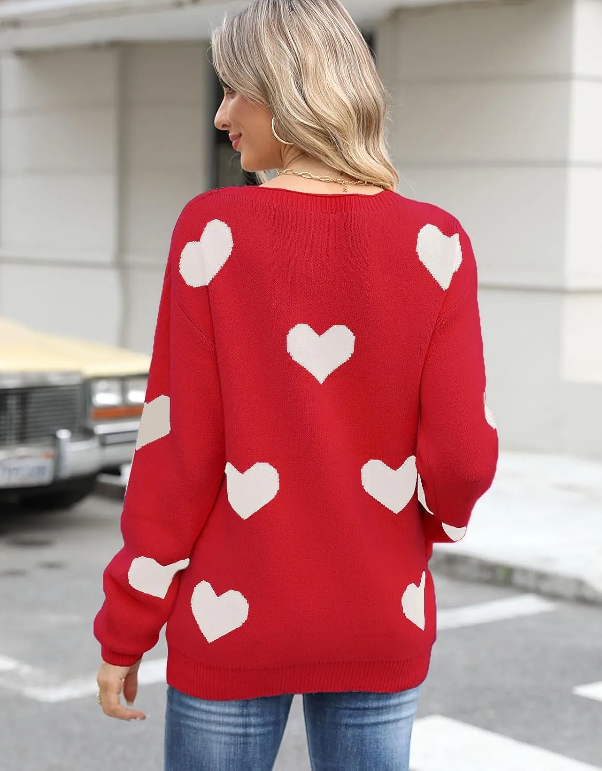 shermie Women's Long Sleeve Crew Neck Pullover Sweaters Loose Casual Multi-Hearts Sweater