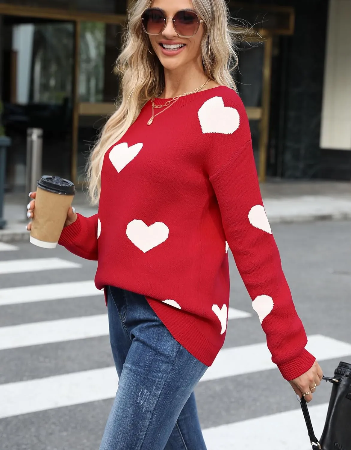 shermie Women's Long Sleeve Crew Neck Pullover Sweaters Loose Casual Multi-Hearts Sweater