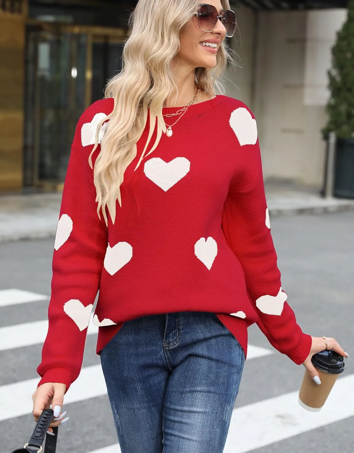 shermie Women's Long Sleeve Crew Neck Pullover Sweaters Loose Casual Multi-Hearts Sweater
