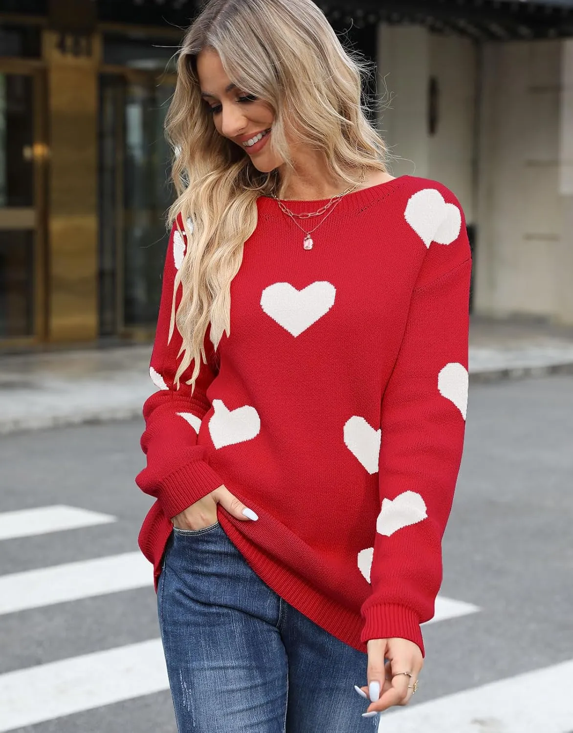 shermie Women's Long Sleeve Crew Neck Pullover Sweaters Loose Casual Multi-Hearts Sweater