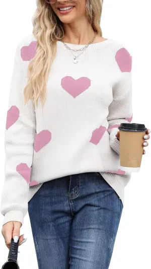 shermie Women's Long Sleeve Crew Neck Pullover Sweaters Loose Casual Multi-Hearts Sweater